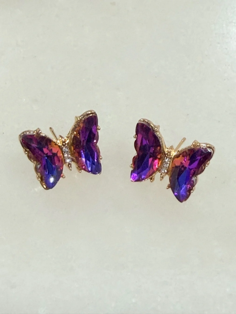 Gold Butterfly Stud Earrings with Purple Crystal Wings